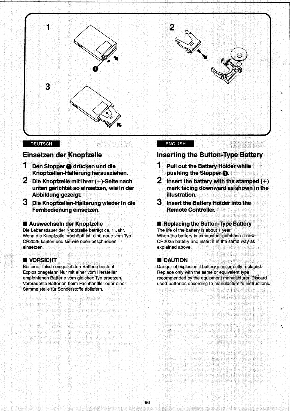 Einsetzen der knopfzelle, Inserting the button-type battery | Panasonic NVRX33EG User Manual | Page 96 / 138