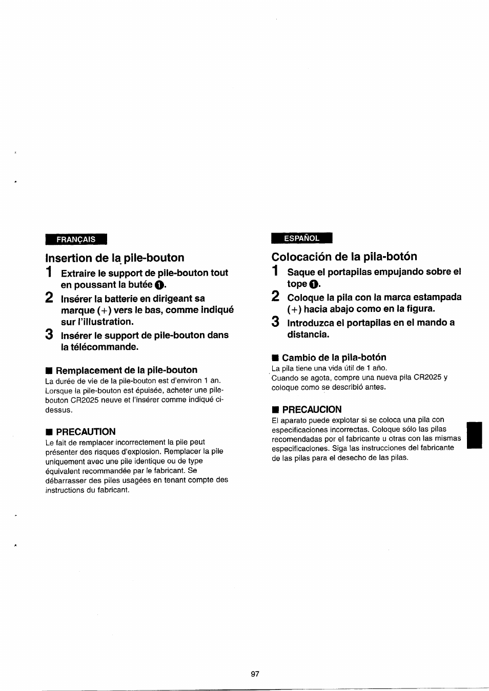 Insertion de la pile-bouton, Colocación de la pila-botón | Panasonic NVRX33EG User Manual | Page 97 / 138