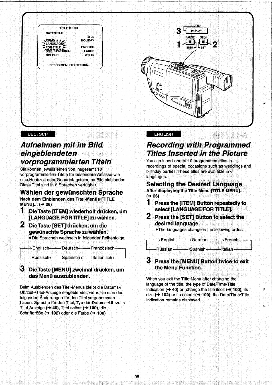 Wählen der gewünschten sprache, Selecting the desired language | Panasonic NVRX33EG User Manual | Page 98 / 138