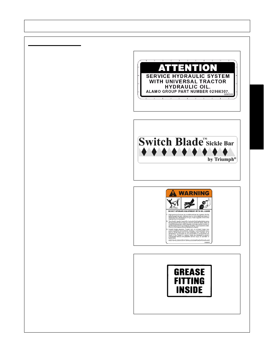 Decal description, Decal description -15, Safety | Alamo Switchblade Sickle Bar 5 User Manual | Page 21 / 112