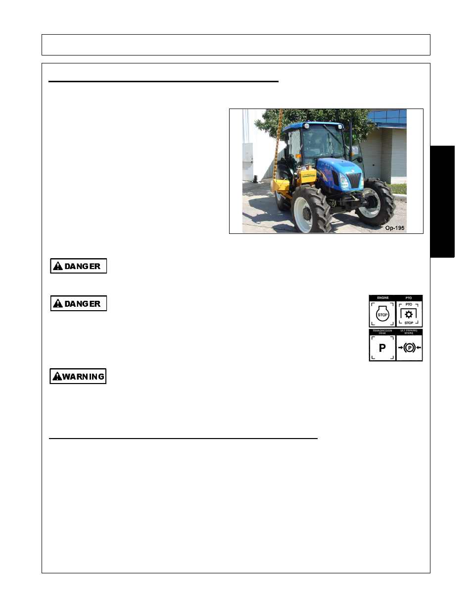 Tractor and switch blade storage, Transporting the tractor and implement, Operation | Opera t ion | Alamo Switchblade Sickle Bar 5 User Manual | Page 95 / 112