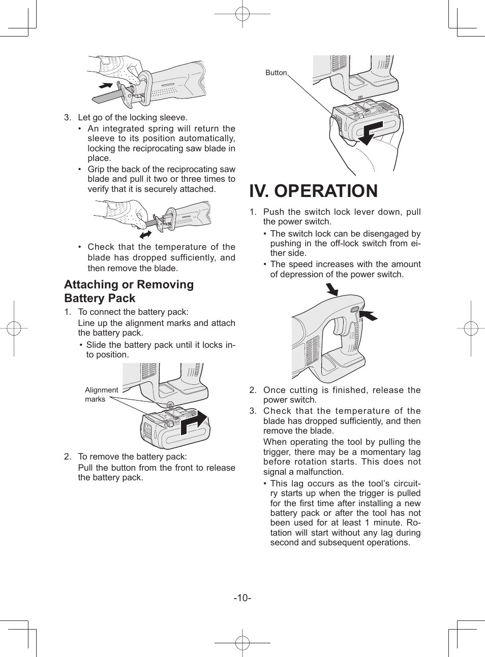 Iv. operation, Attaching or removing battery pack | Panasonic EY45A1 User Manual | Page 10 / 116