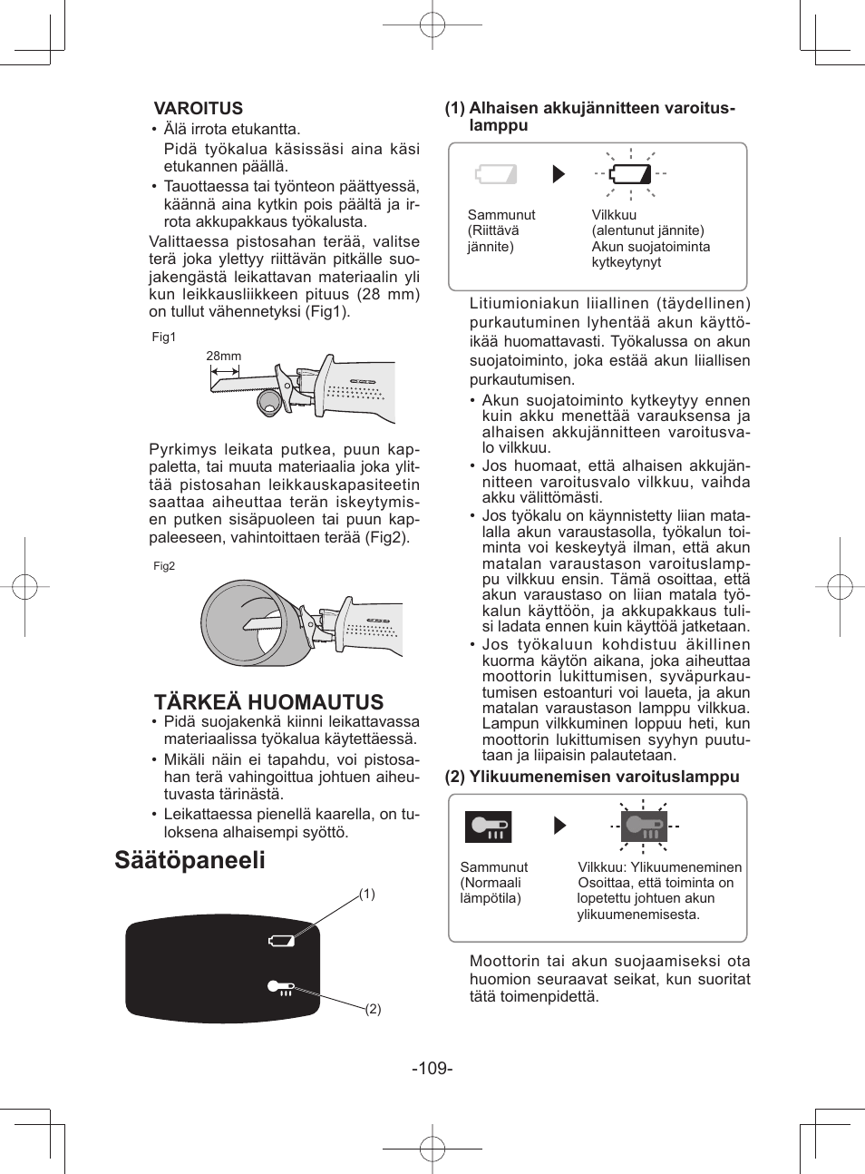Säätöpaneeli, Tärkeä huomautus | Panasonic EY45A1 User Manual | Page 109 / 116