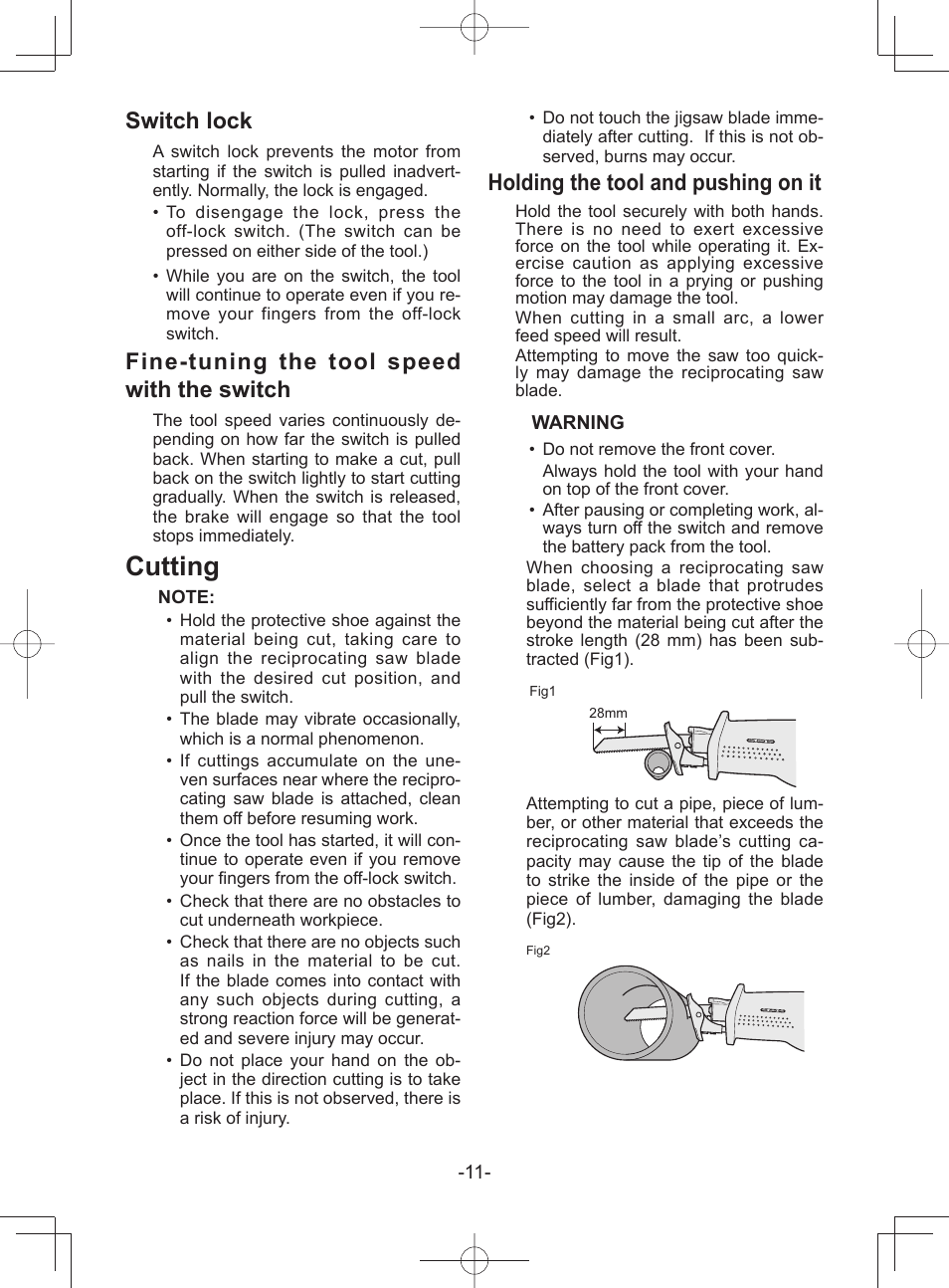 Cutting, Switch lock, Fine-tuning the tool speed with the switch | Holding the tool and pushing on it | Panasonic EY45A1 User Manual | Page 11 / 116