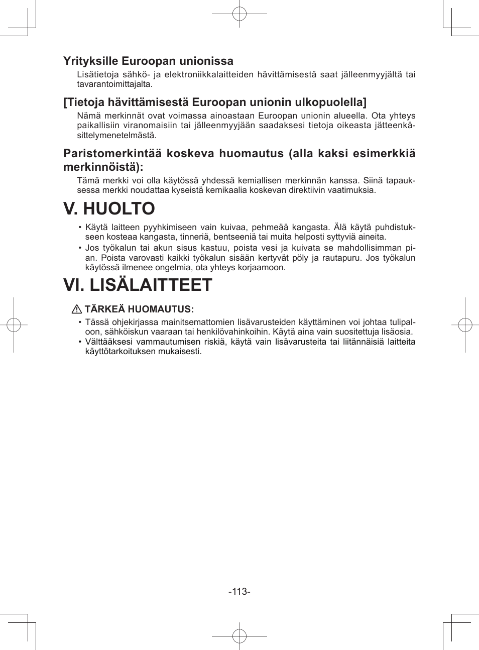 V. huolto, Vi. lisälaitteet, Yrityksille euroopan unionissa | Panasonic EY45A1 User Manual | Page 113 / 116