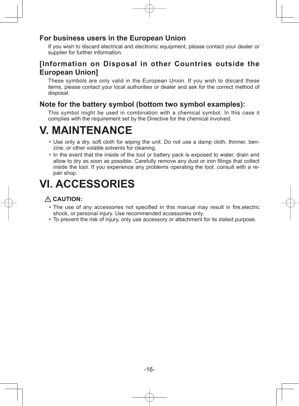 V. maintenance, Vi. accessories, For business users in the european union | Panasonic EY45A1 User Manual | Page 16 / 116