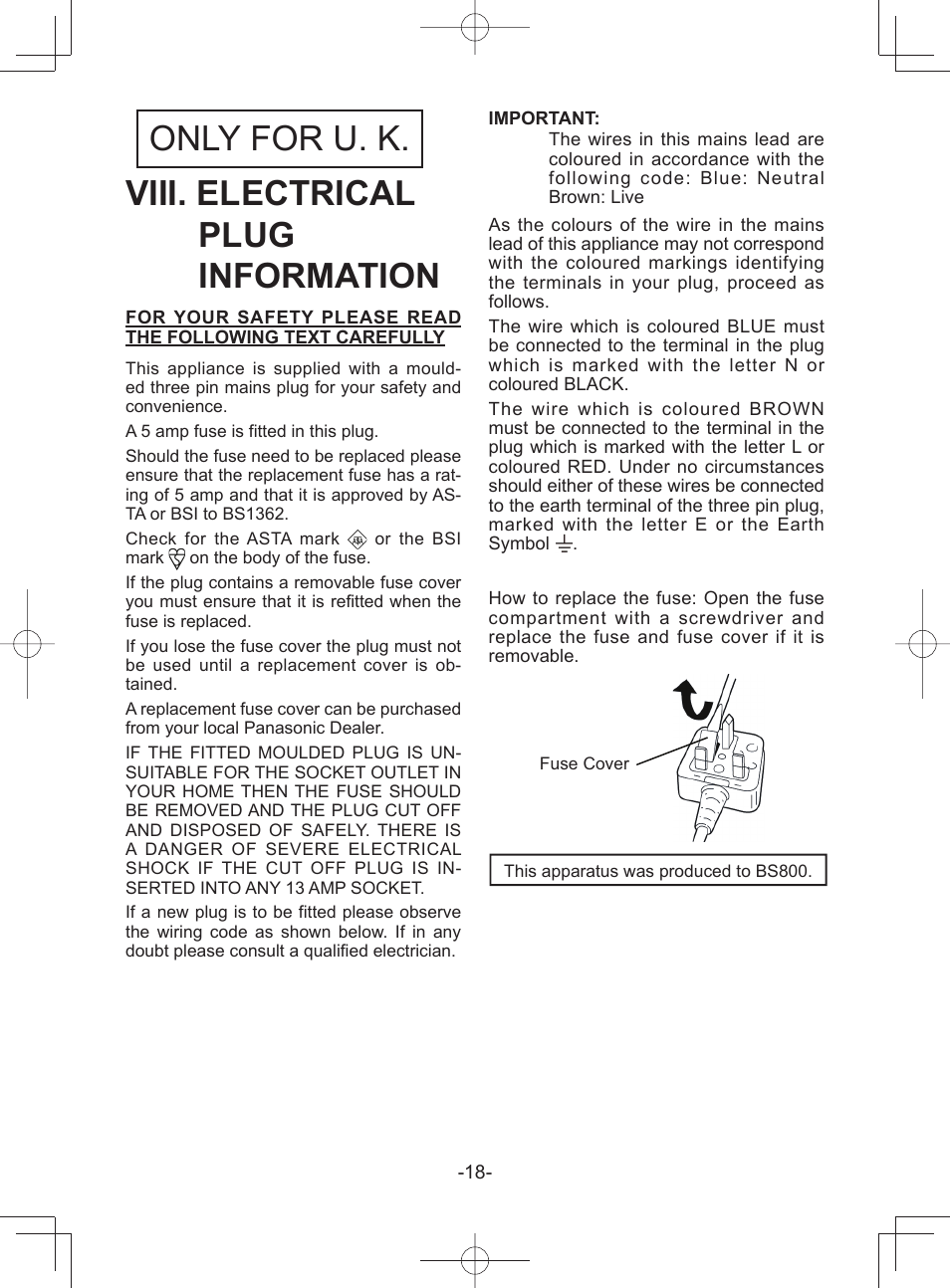 Only for u. k. viii. electrical plug information | Panasonic EY45A1 User Manual | Page 18 / 116