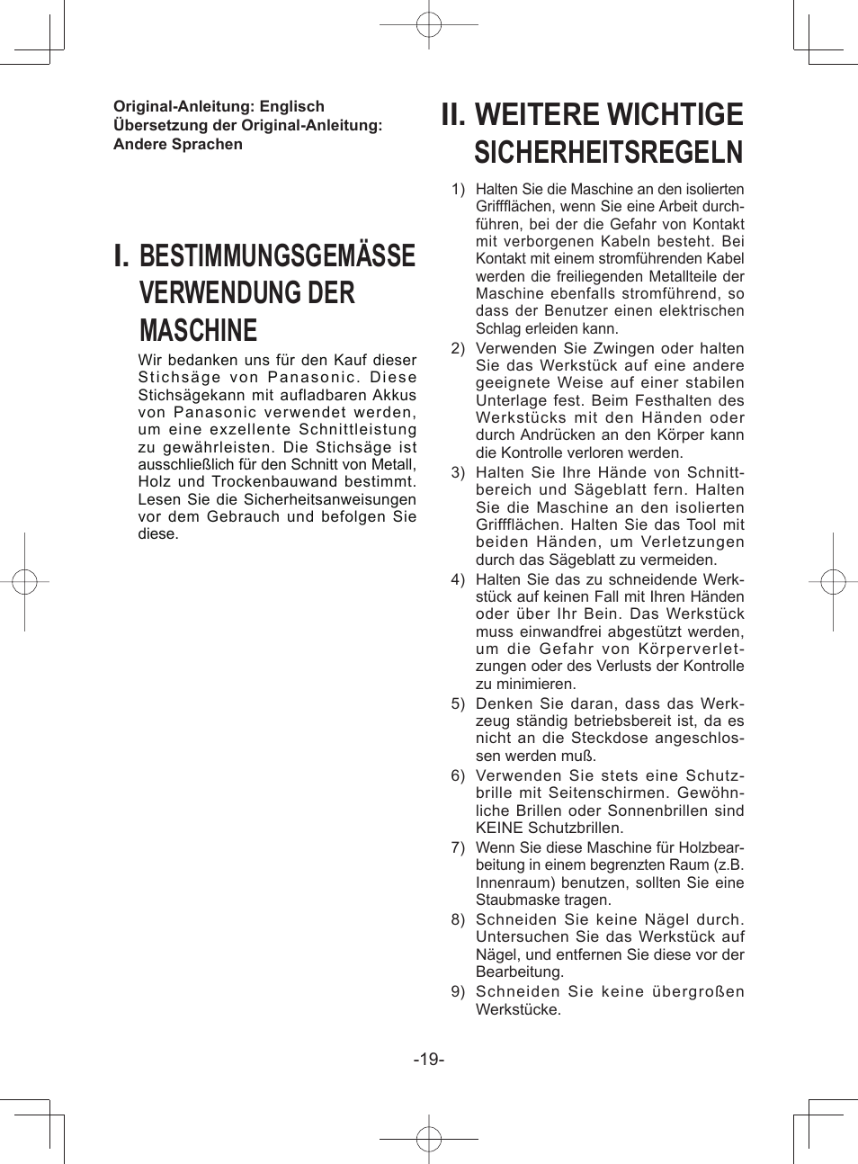 I. bestimmungsgemässe verwendung der maschine, Ii. weitere wichtige sicherheitsregeln | Panasonic EY45A1 User Manual | Page 19 / 116