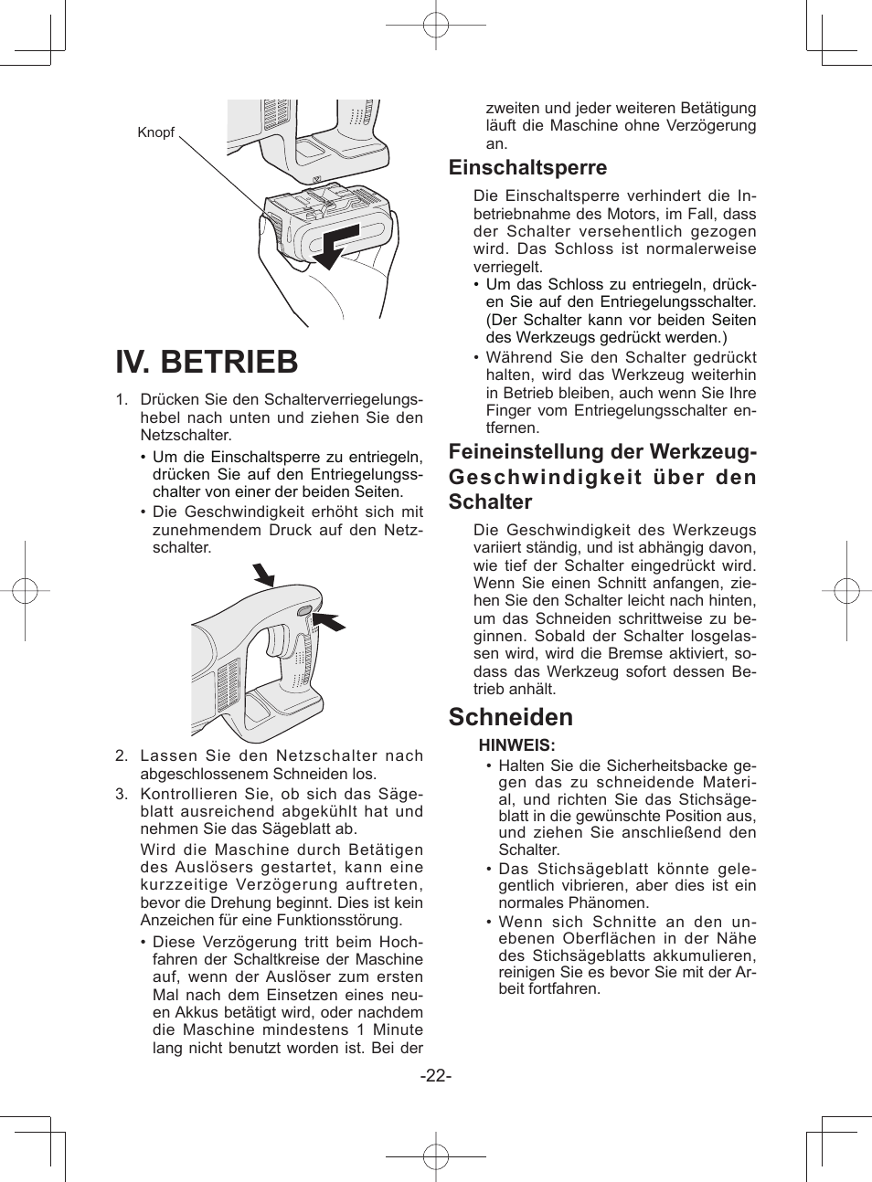 Iv. betrieb, Schneiden, Einschaltsperre | Panasonic EY45A1 User Manual | Page 22 / 116