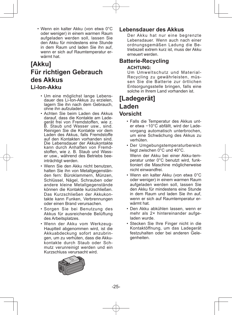 Akku] für richtigen gebrauch des akkus, Ladegerät] laden, Li-ion-akku | Lebensdauer des akkus, Batterie-recycling, Vorsicht | Panasonic EY45A1 User Manual | Page 25 / 116