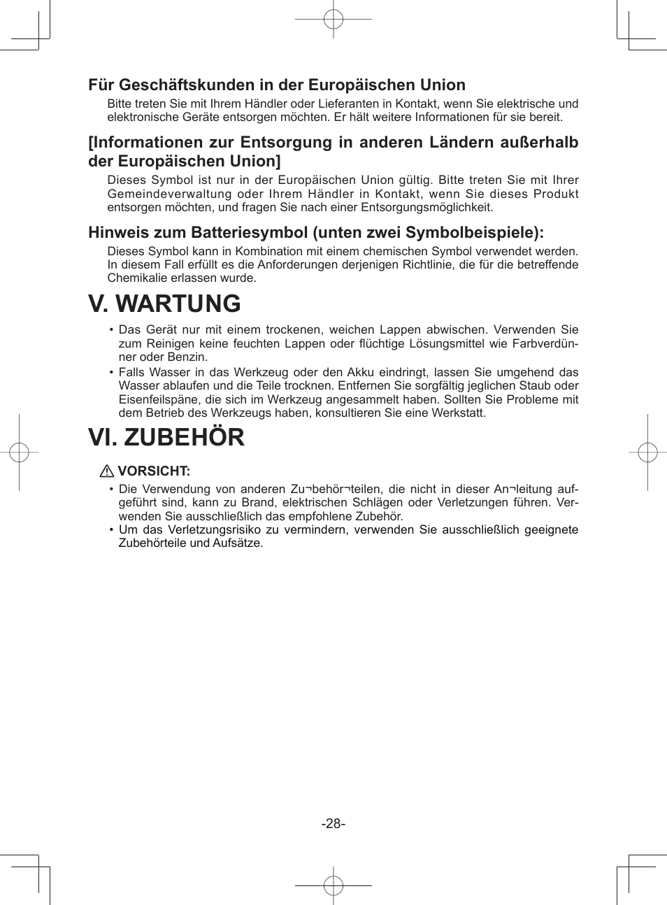 V. wartung, Vi. zubehör, Für geschäftskunden in der europäischen union | Panasonic EY45A1 User Manual | Page 28 / 116