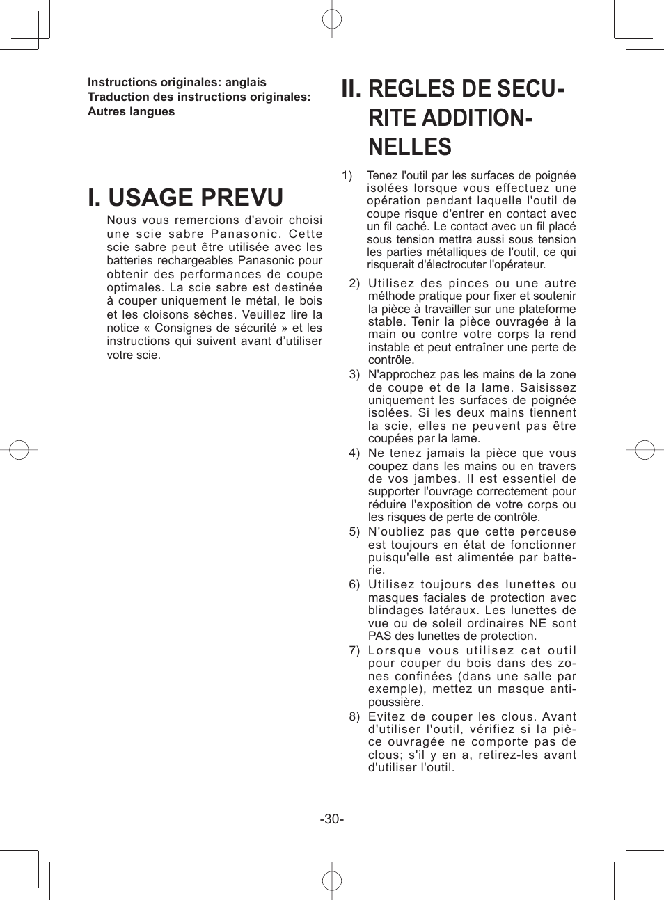 I. usage prevu, Ii. regles de secu- rite addition- nelles | Panasonic EY45A1 User Manual | Page 30 / 116