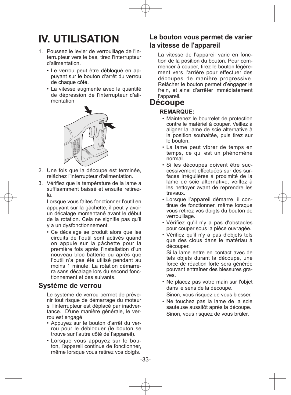 Iv. utilisation, Découpe, Système de verrou | Panasonic EY45A1 User Manual | Page 33 / 116