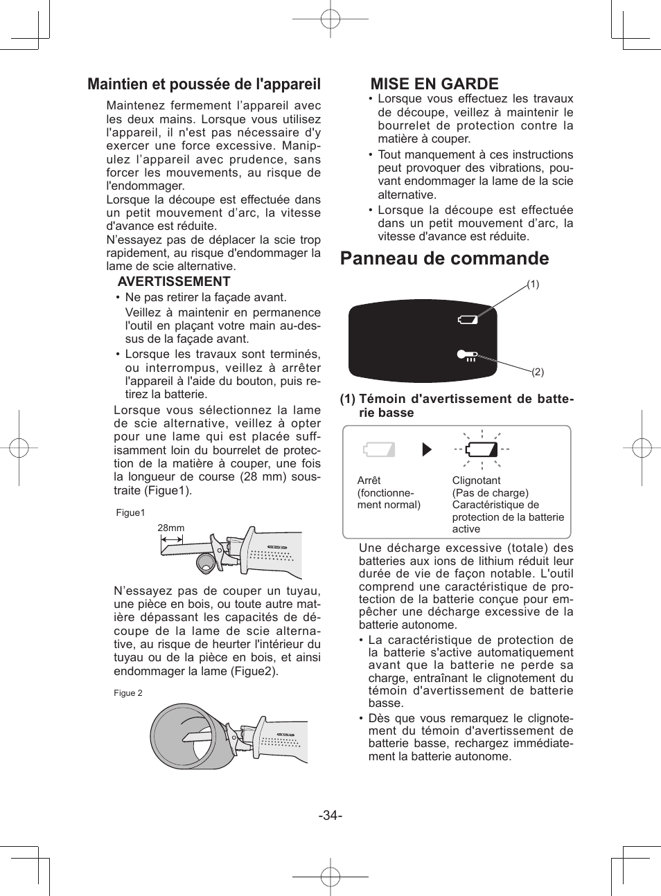 Panneau de commande, Maintien et poussée de l'appareil, Mise en garde | Panasonic EY45A1 User Manual | Page 34 / 116