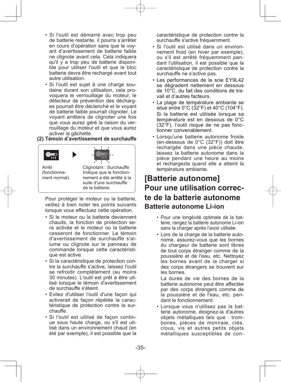 Batterie autonome li-ion | Panasonic EY45A1 User Manual | Page 35 / 116