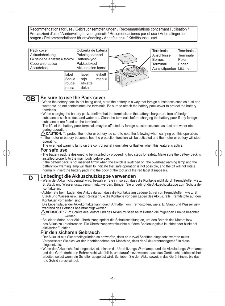 Gb d, Be sure to use the pack cover, For safe use | Unbedingt die akkuschutzkappe verwenden, Für den sicheren gebrauch | Panasonic EY45A1 User Manual | Page 4 / 116