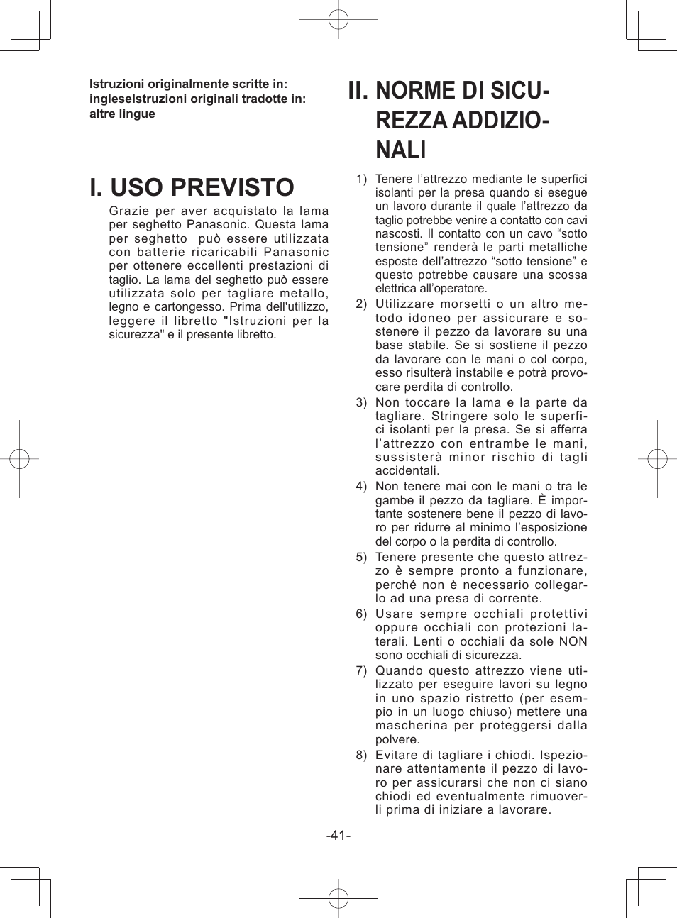 I. uso previsto, Ii. norme di sicu- rezza addizio- nali | Panasonic EY45A1 User Manual | Page 41 / 116