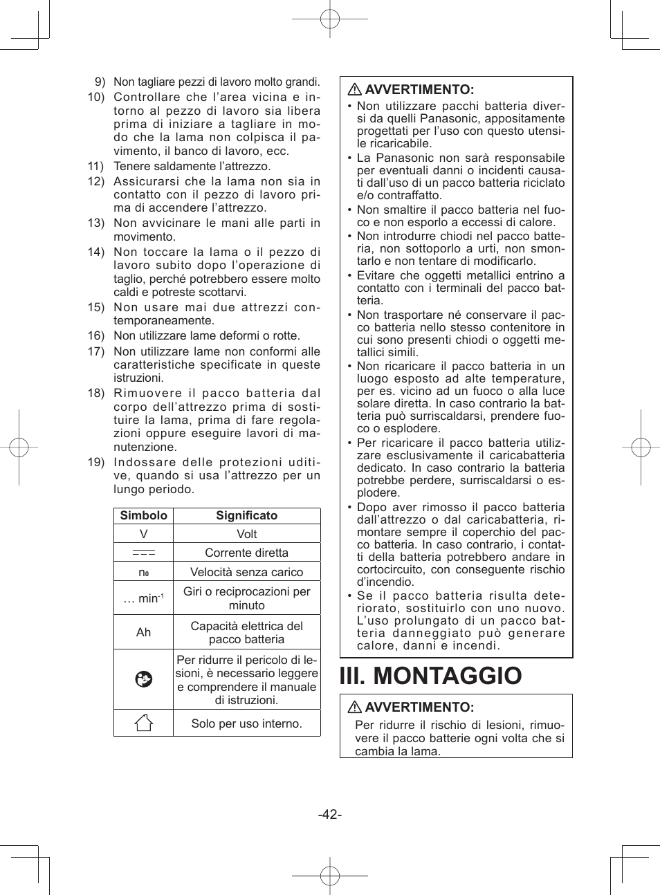 Iii. montaggio | Panasonic EY45A1 User Manual | Page 42 / 116