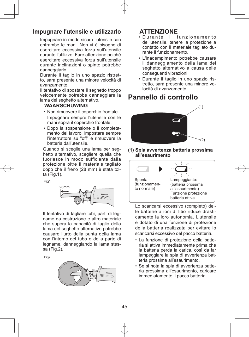 Pannello di controllo, Impugnare l'utensile e utilizzarlo, Attenzione | Panasonic EY45A1 User Manual | Page 45 / 116