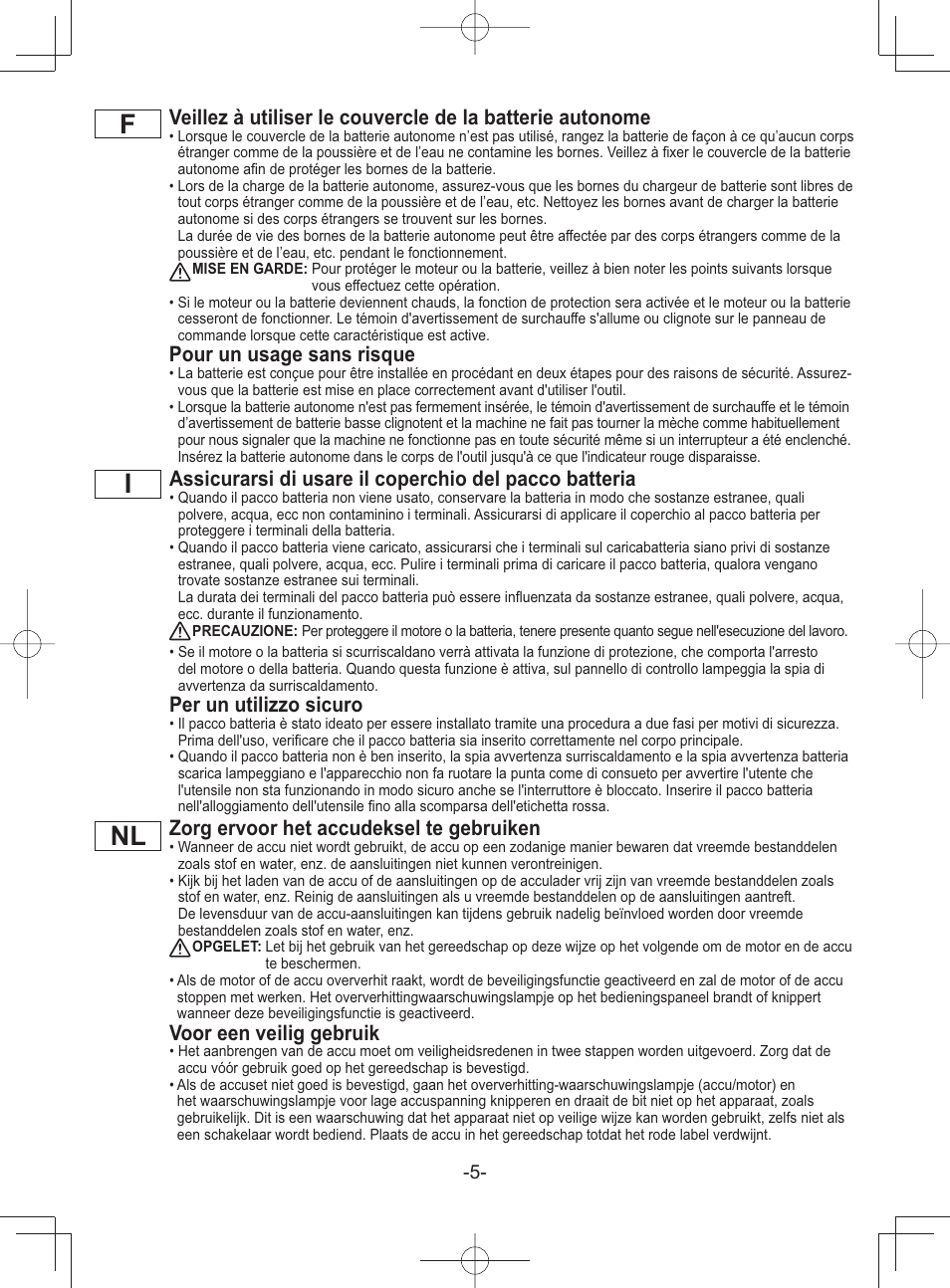 Pour un usage sans risque, Per un utilizzo sicuro, Zorg ervoor het accudeksel te gebruiken | Voor een veilig gebruik | Panasonic EY45A1 User Manual | Page 5 / 116