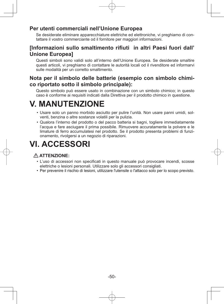 V. manutenzione, Vi. accessori, Per utenti commerciali nell’unione europea | Panasonic EY45A1 User Manual | Page 50 / 116