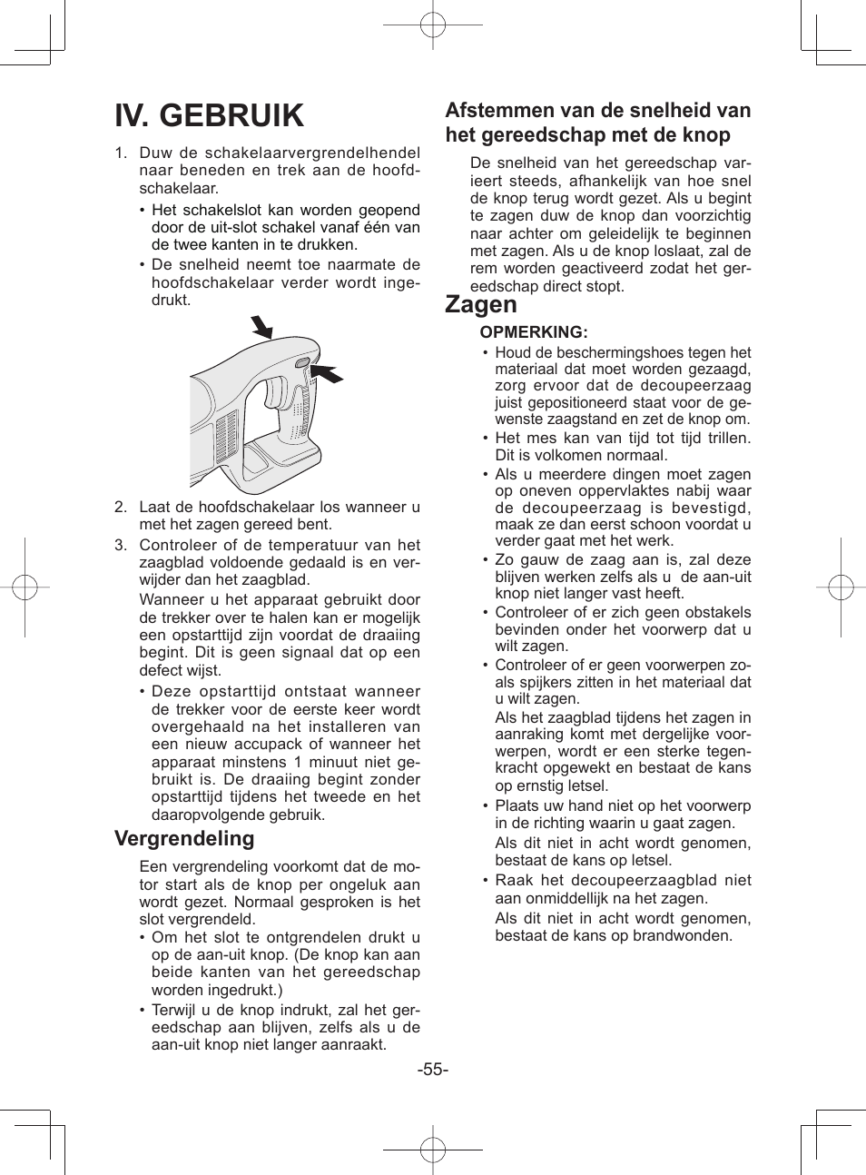 Iv. gebruik, Zagen, Vergrendeling | Panasonic EY45A1 User Manual | Page 55 / 116