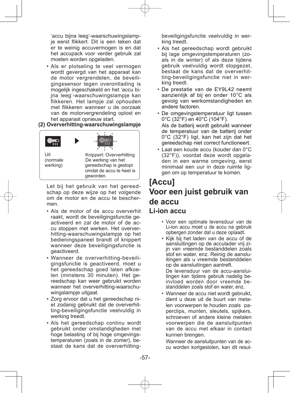 Accu] voor een juist gebruik van de accu, Li-ion accu | Panasonic EY45A1 User Manual | Page 57 / 116