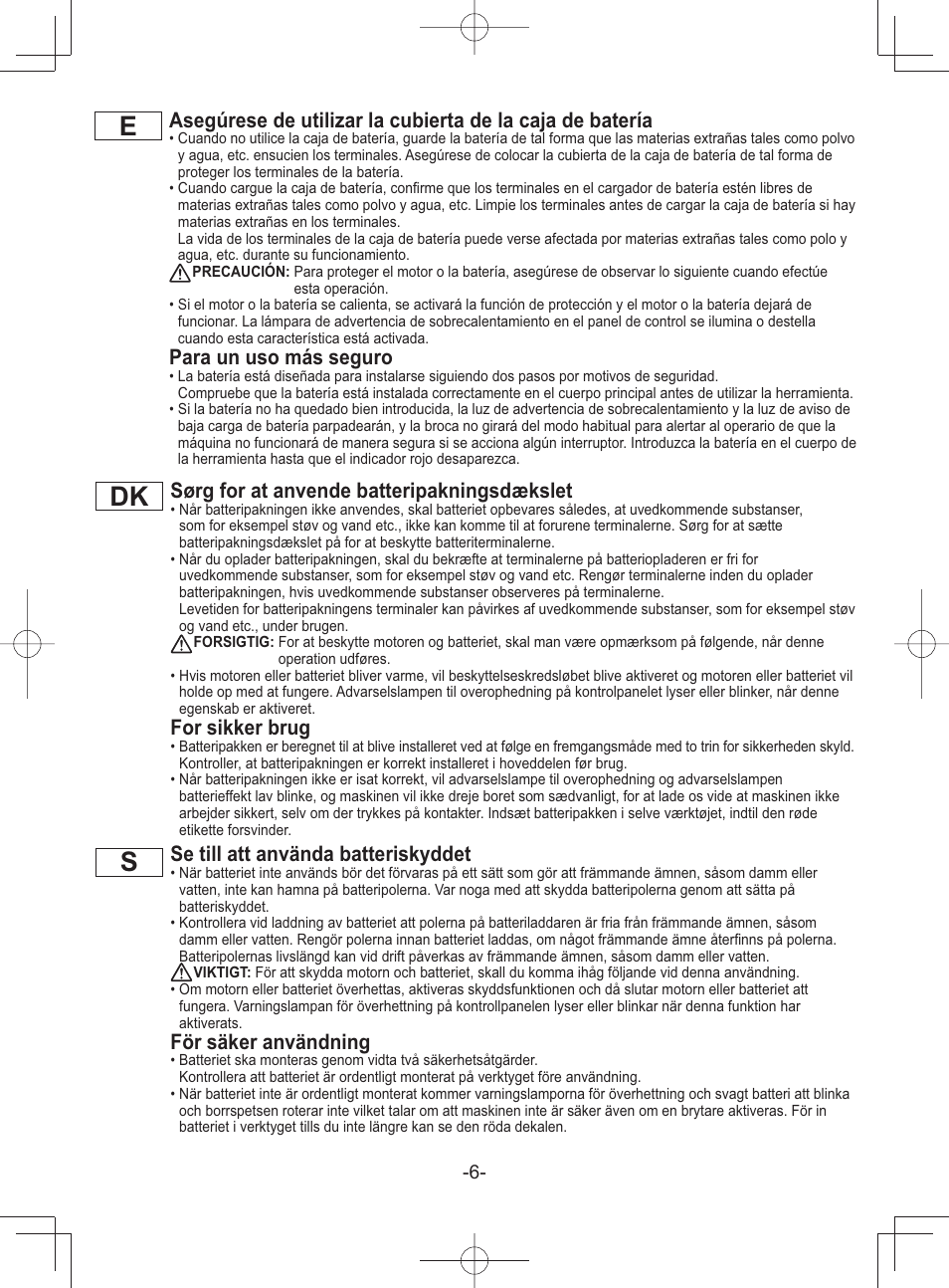 Dk s, Para un uso más seguro, Sørg for at anvende batteripakningsdækslet | For sikker brug, Se till att använda batteriskyddet, För säker användning | Panasonic EY45A1 User Manual | Page 6 / 116