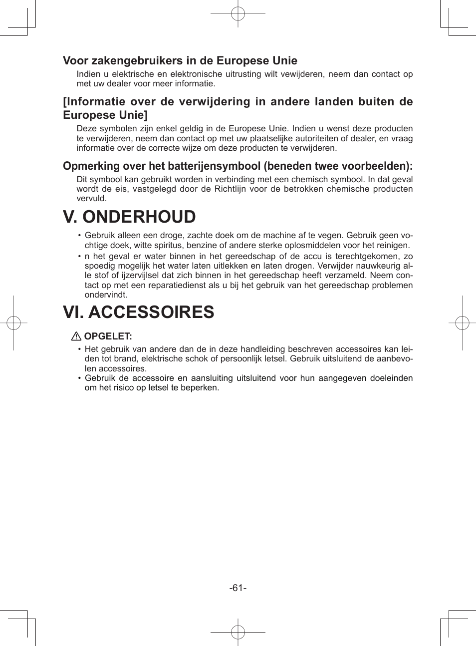 V. onderhoud, Vi. accessoires, Voor zakengebruikers in de europese unie | Panasonic EY45A1 User Manual | Page 61 / 116
