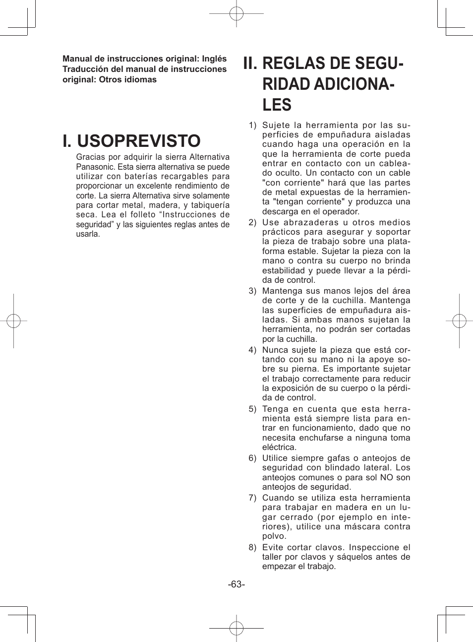 I. usoprevisto, Ii. reglas de segu- ridad adiciona- les | Panasonic EY45A1 User Manual | Page 63 / 116