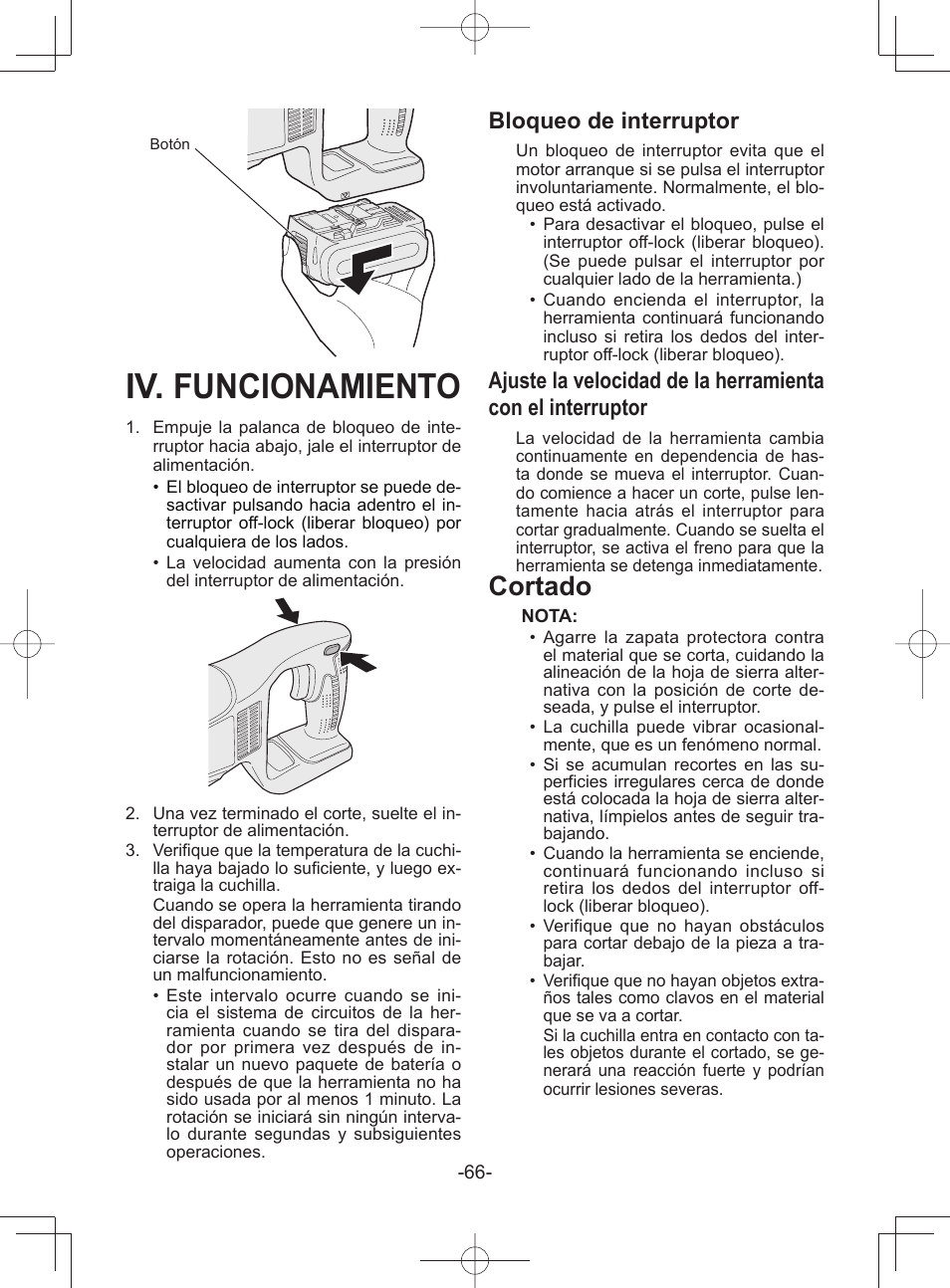 Iv. funcionamiento, Cortado, Bloqueo de interruptor | Panasonic EY45A1 User Manual | Page 66 / 116