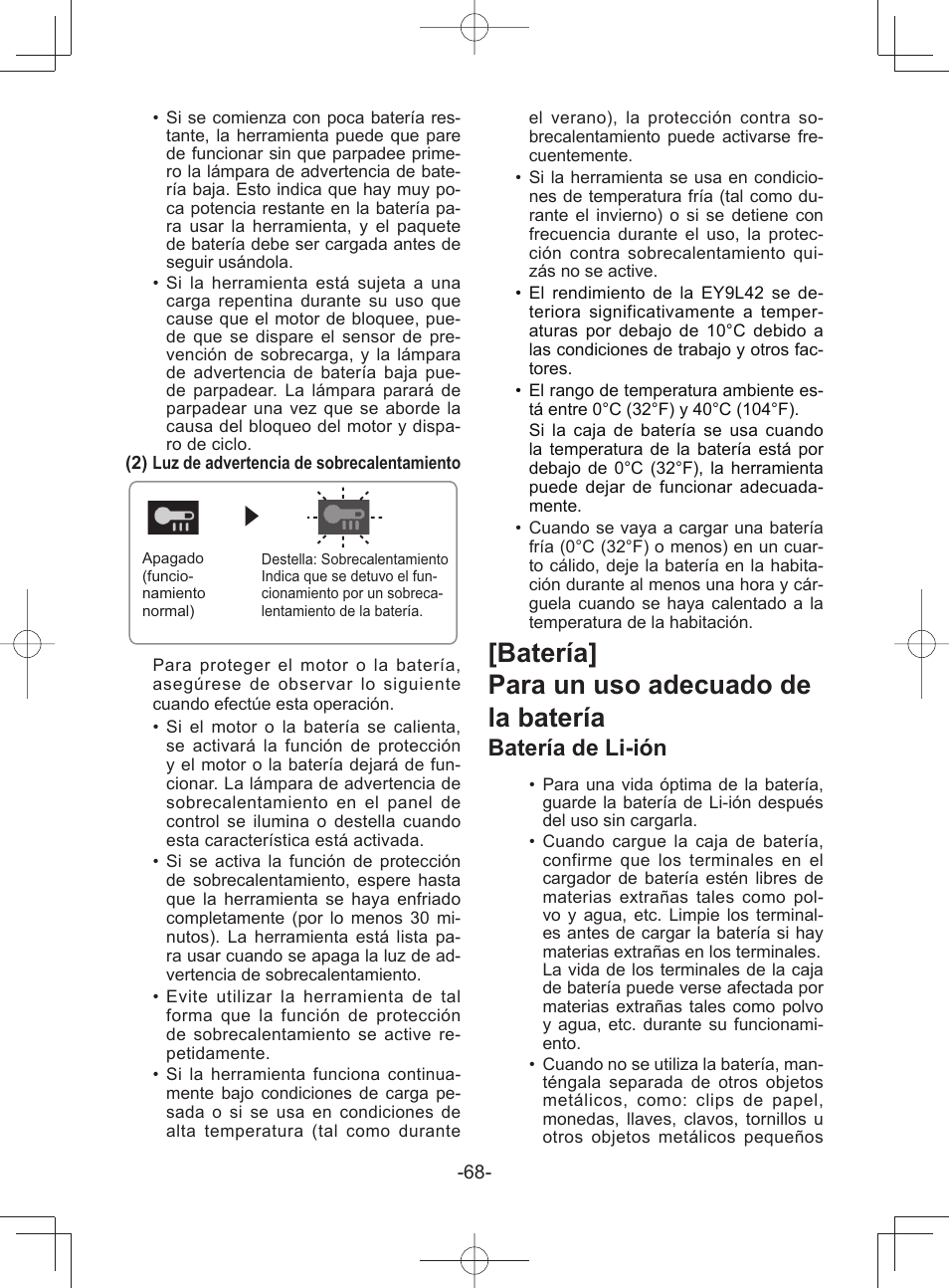Batería] para un uso adecuado de la batería, Batería de li-ión | Panasonic EY45A1 User Manual | Page 68 / 116
