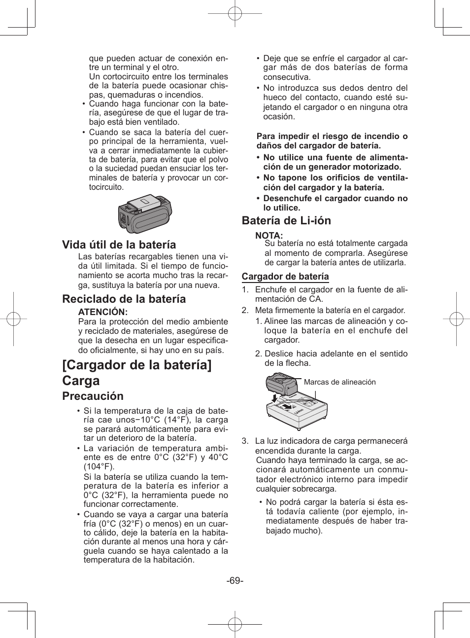 Cargador de la batería] carga, Vida útil de la batería, Reciclado de la batería | Precaución, Batería de li-ión | Panasonic EY45A1 User Manual | Page 69 / 116