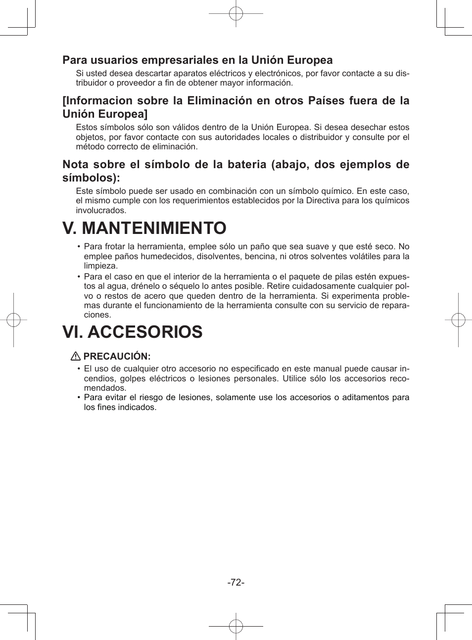 V. mantenimiento, Vi. accesorios, Para usuarios empresariales en la unión europea | Panasonic EY45A1 User Manual | Page 72 / 116