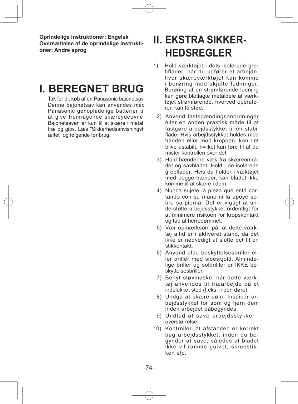 I. beregnet brug, Ii. ekstra sikker- hedsregler | Panasonic EY45A1 User Manual | Page 74 / 116