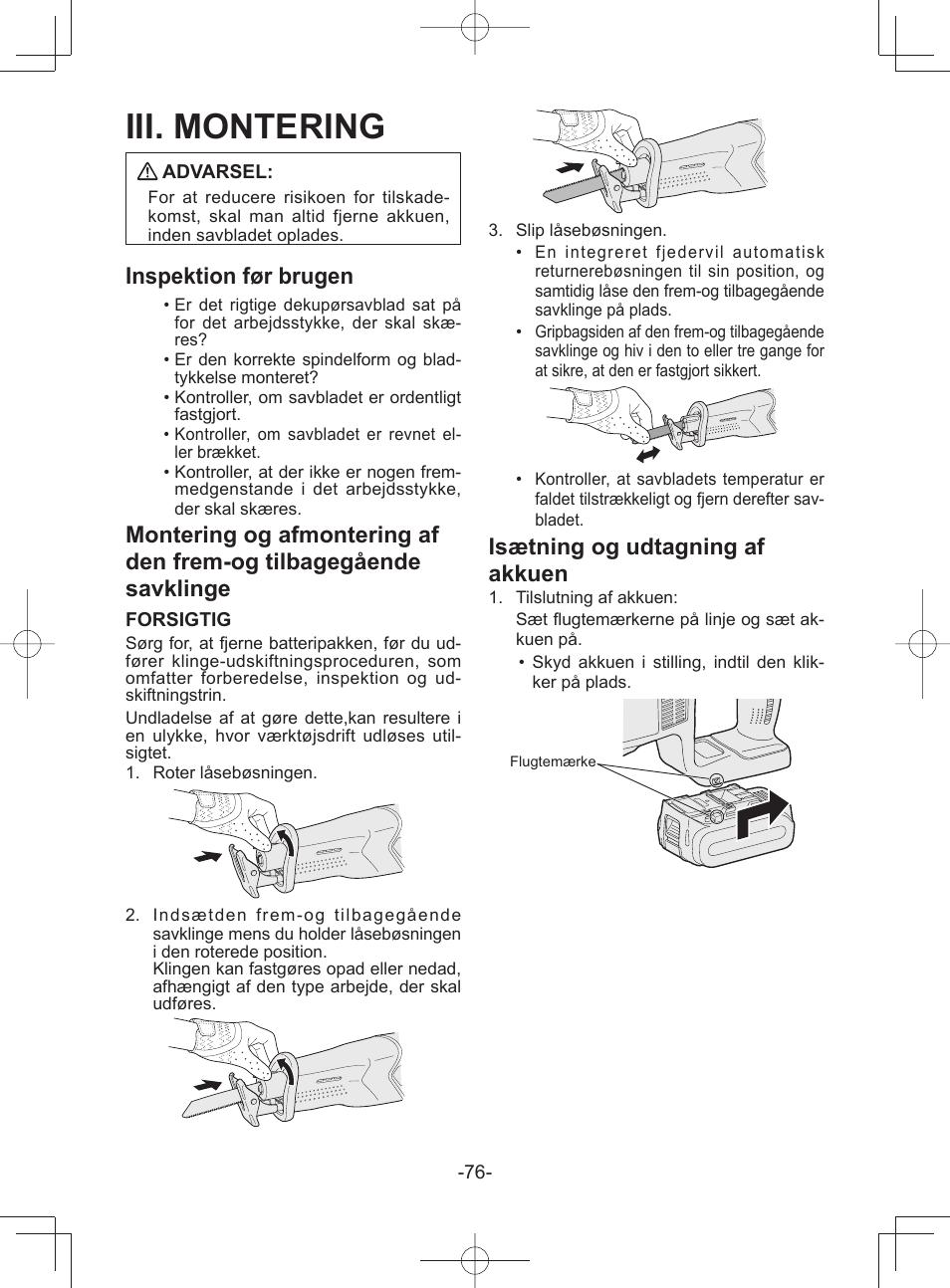 Iii. montering, Inspektion før brugen, Isætning og udtagning af akkuen | Panasonic EY45A1 User Manual | Page 76 / 116