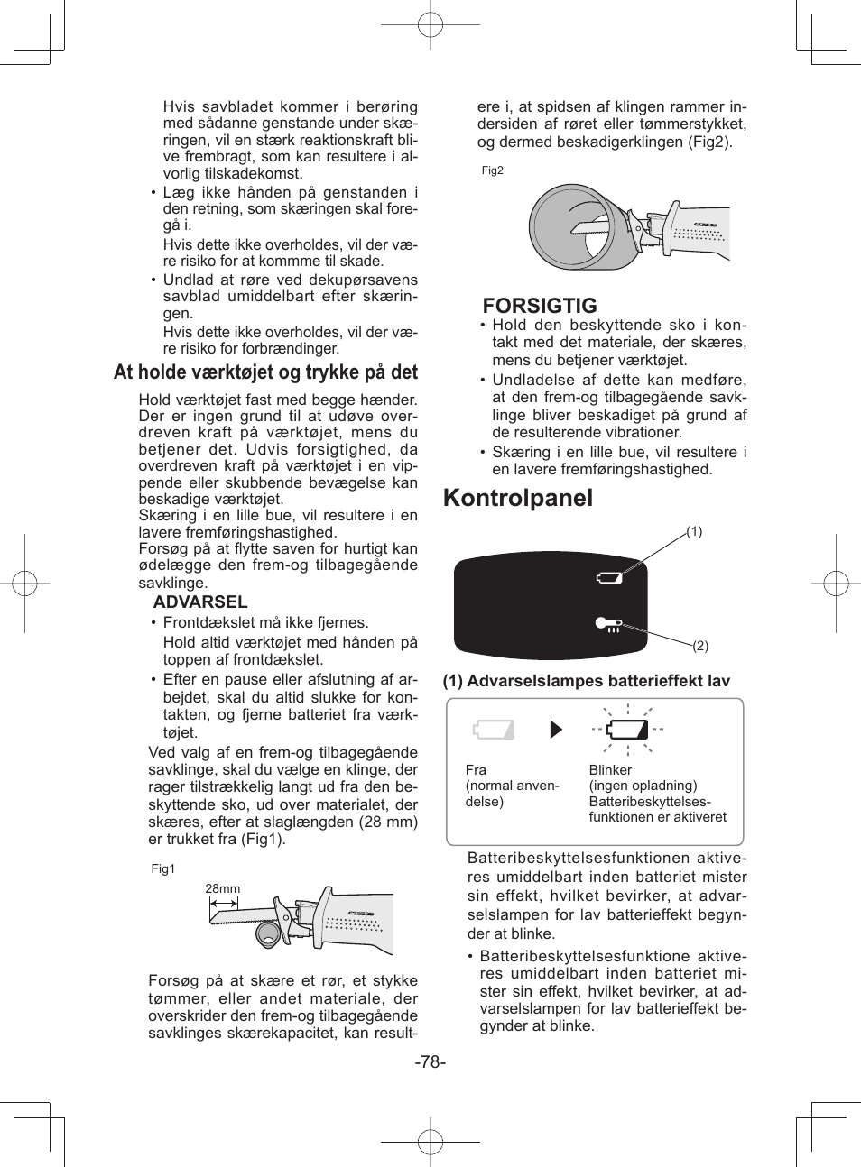 Kontrolpanel, At holde værktøjet og trykke på det, Forsigtig | Panasonic EY45A1 User Manual | Page 78 / 116