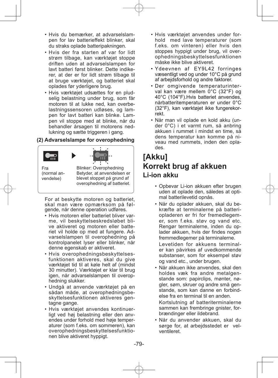 Akku] korrekt brug af akkuen, Li-ion akku | Panasonic EY45A1 User Manual | Page 79 / 116