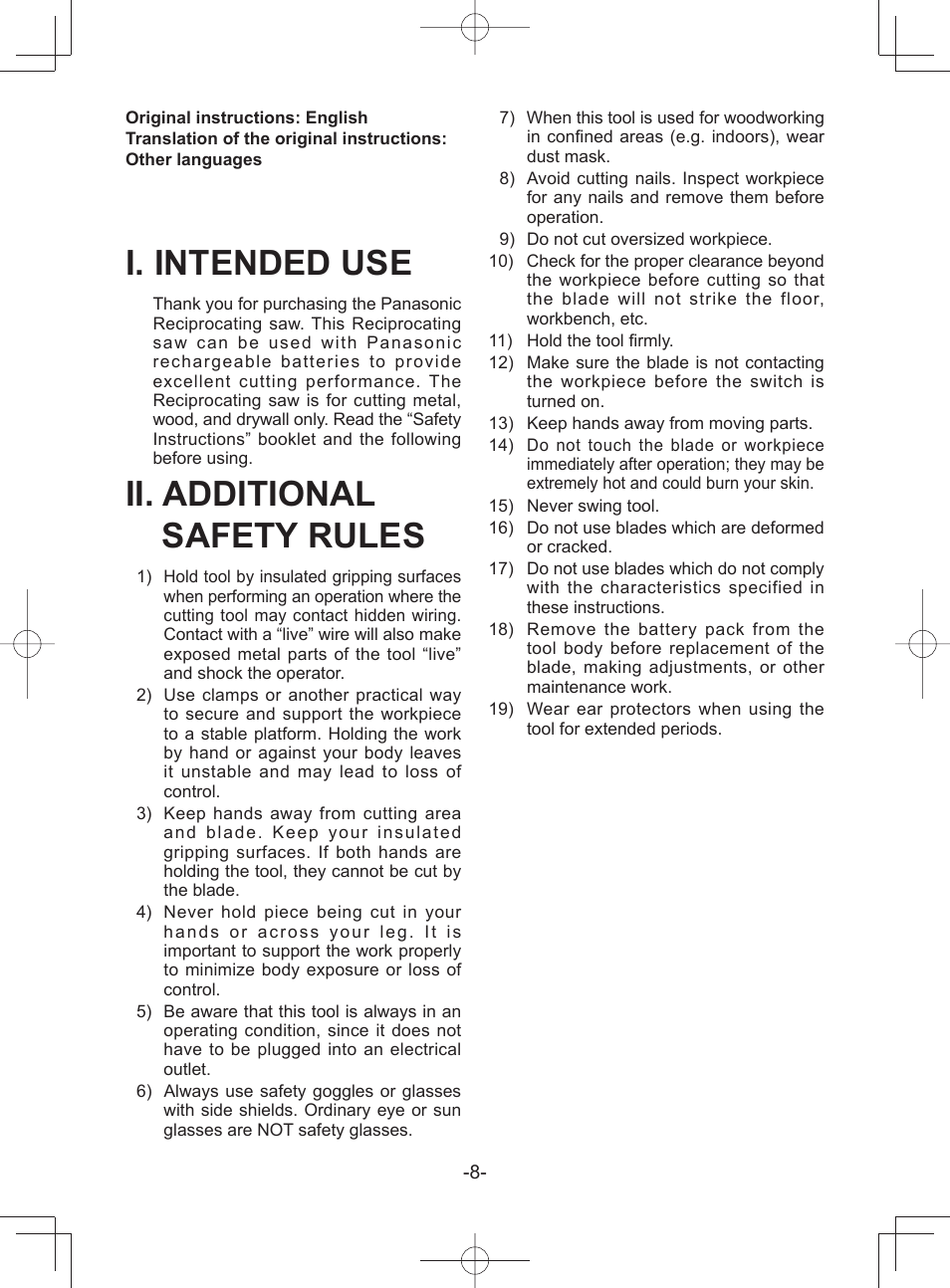 I. intended use, Ii. additional safety rules | Panasonic EY45A1 User Manual | Page 8 / 116