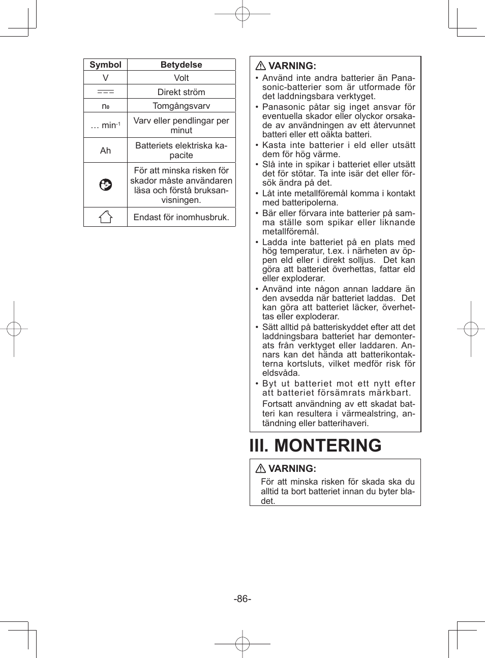 Iii. montering | Panasonic EY45A1 User Manual | Page 86 / 116