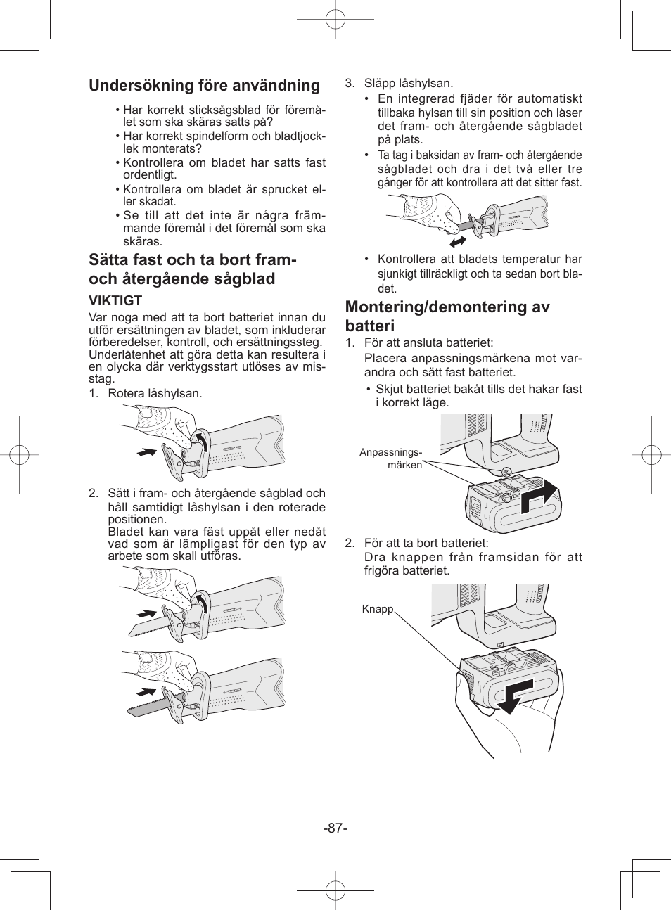 Undersökning före användning, Montering/demontering av batteri | Panasonic EY45A1 User Manual | Page 87 / 116