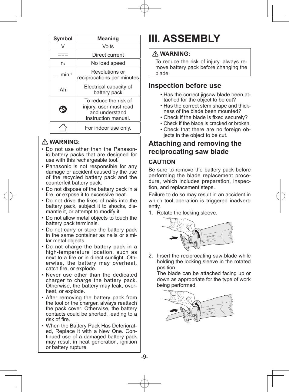 Iii. assembly, Inspection before use, Attaching and removing the reciprocating saw blade | Panasonic EY45A1 User Manual | Page 9 / 116