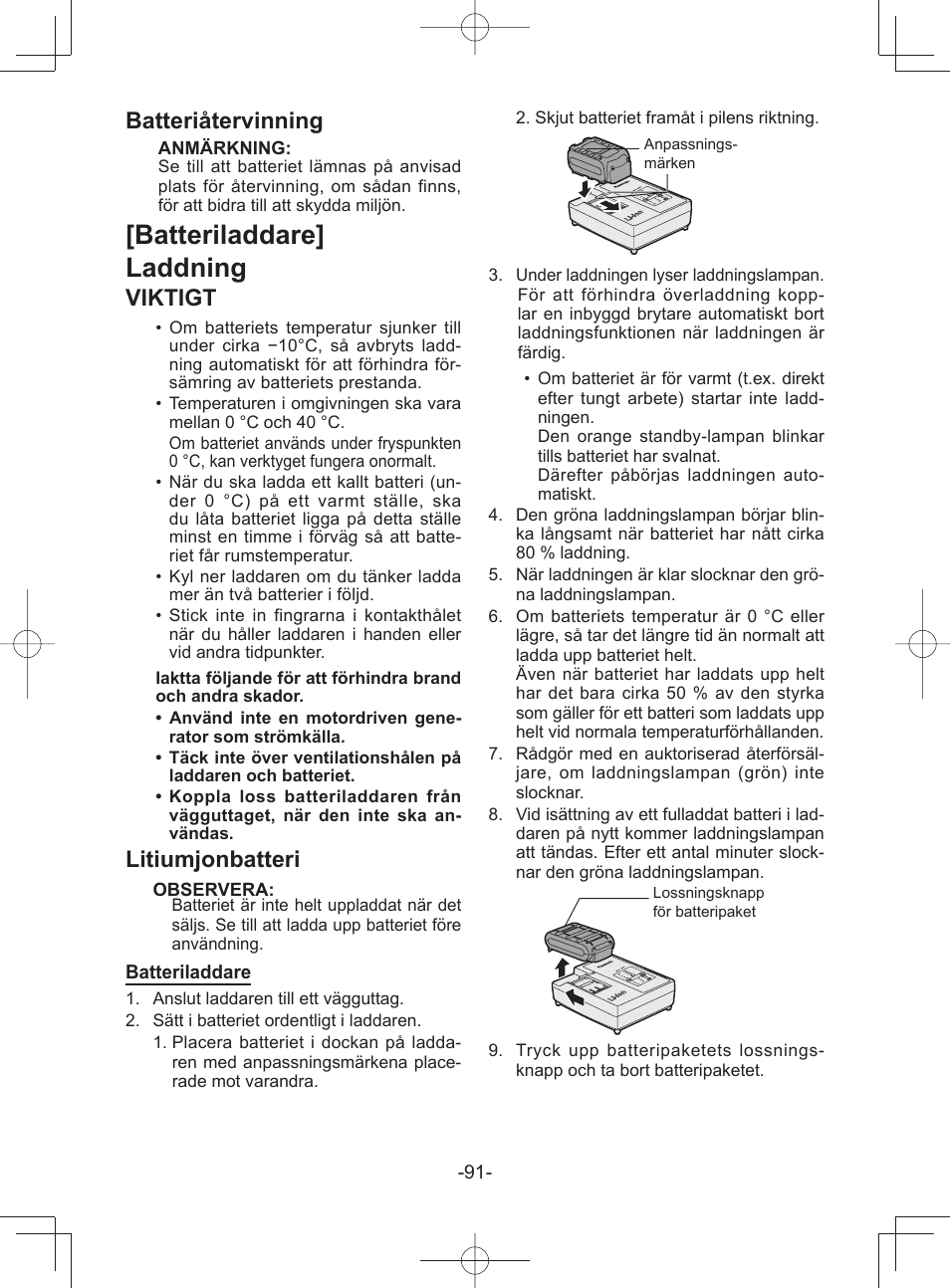 Batteriladdare] laddning, Batteriåtervinning, Viktigt | Litiumjonbatteri | Panasonic EY45A1 User Manual | Page 91 / 116