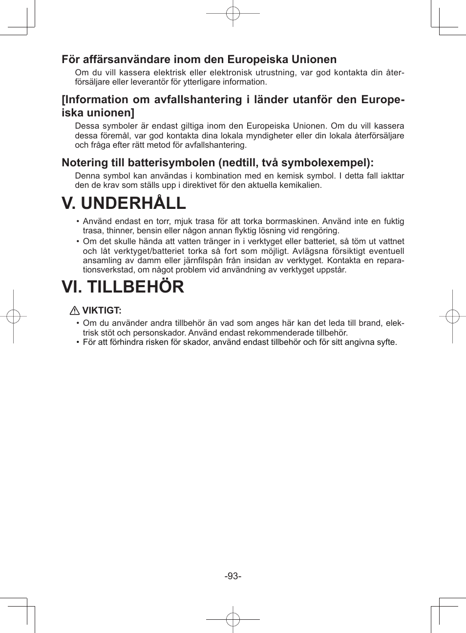 V. underhåll, Vi. tillbehör, För affärsanvändare inom den europeiska unionen | Panasonic EY45A1 User Manual | Page 93 / 116