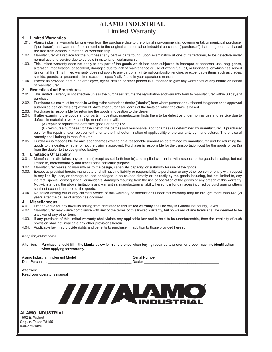 Alamo industrial limited warranty | Alamo AXTREME2 02988075P User Manual | Page 173 / 174