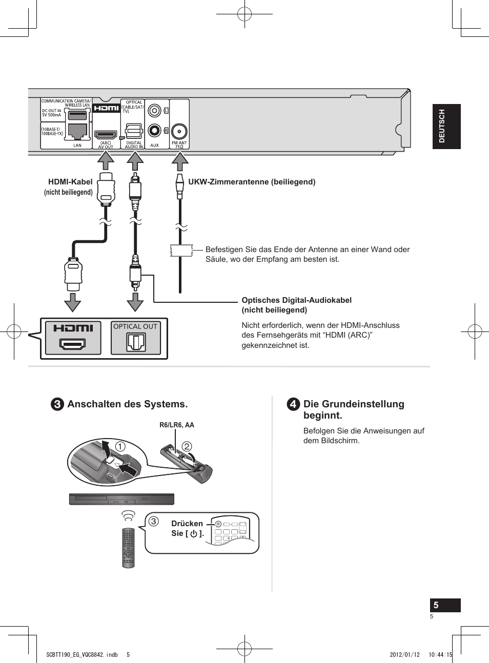 Die grundeinstellung beginnt, Anschalten des systems | Panasonic SCBTT190EG User Manual | Page 5 / 36