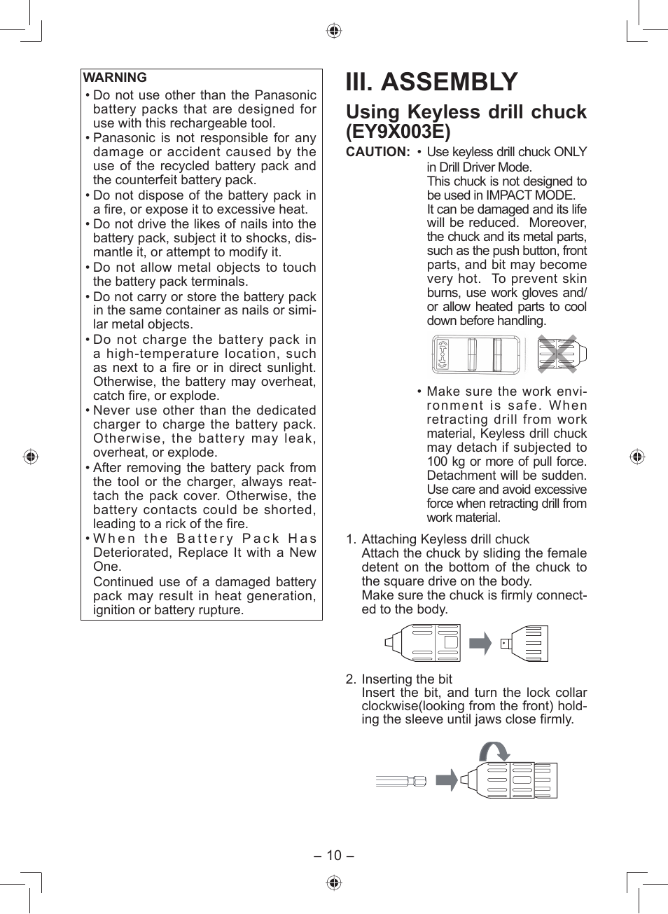 Iii. assembly, Using keyless drill chuck (ey9x003e) | Panasonic EY7549 User Manual | Page 10 / 140