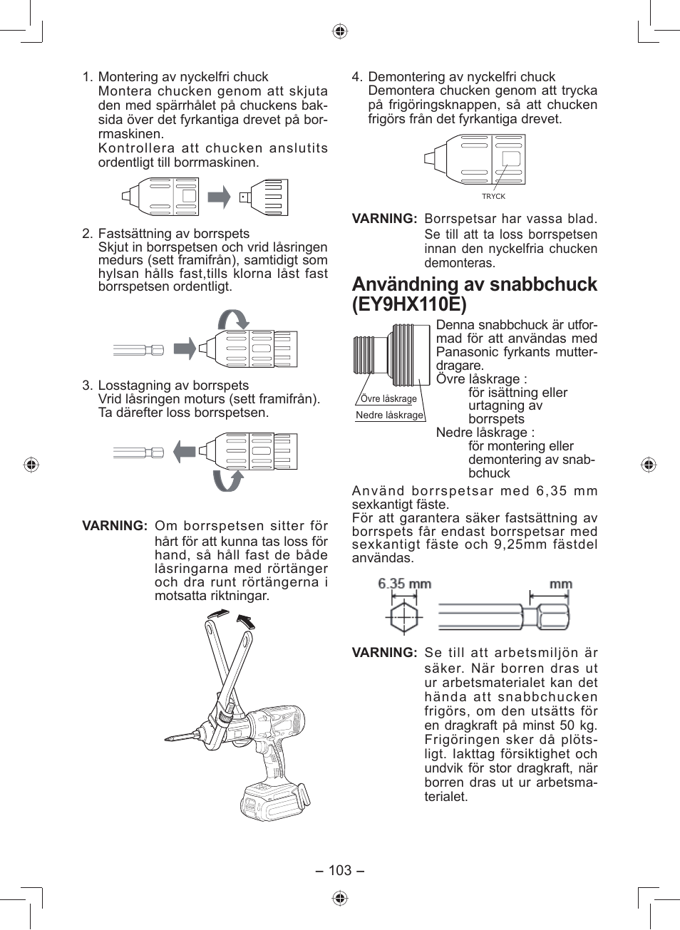 Användning av snabbchuck (ey9hx110e) | Panasonic EY7549 User Manual | Page 103 / 140