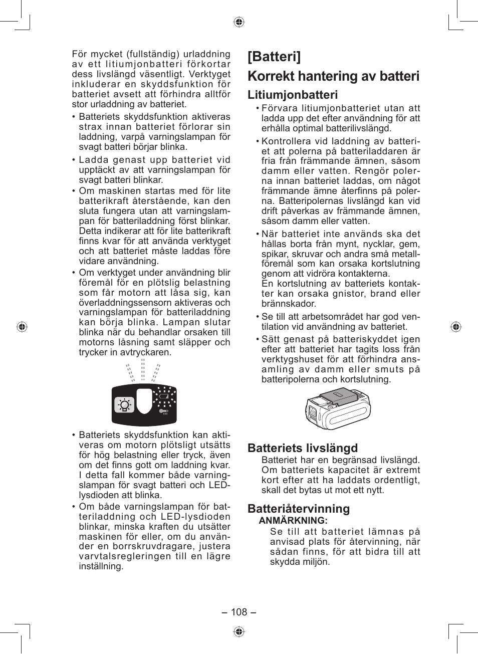 Batteri] korrekt hantering av batteri, Litiumjonbatteri, Batteriets livslängd | Batteriåtervinning | Panasonic EY7549 User Manual | Page 108 / 140