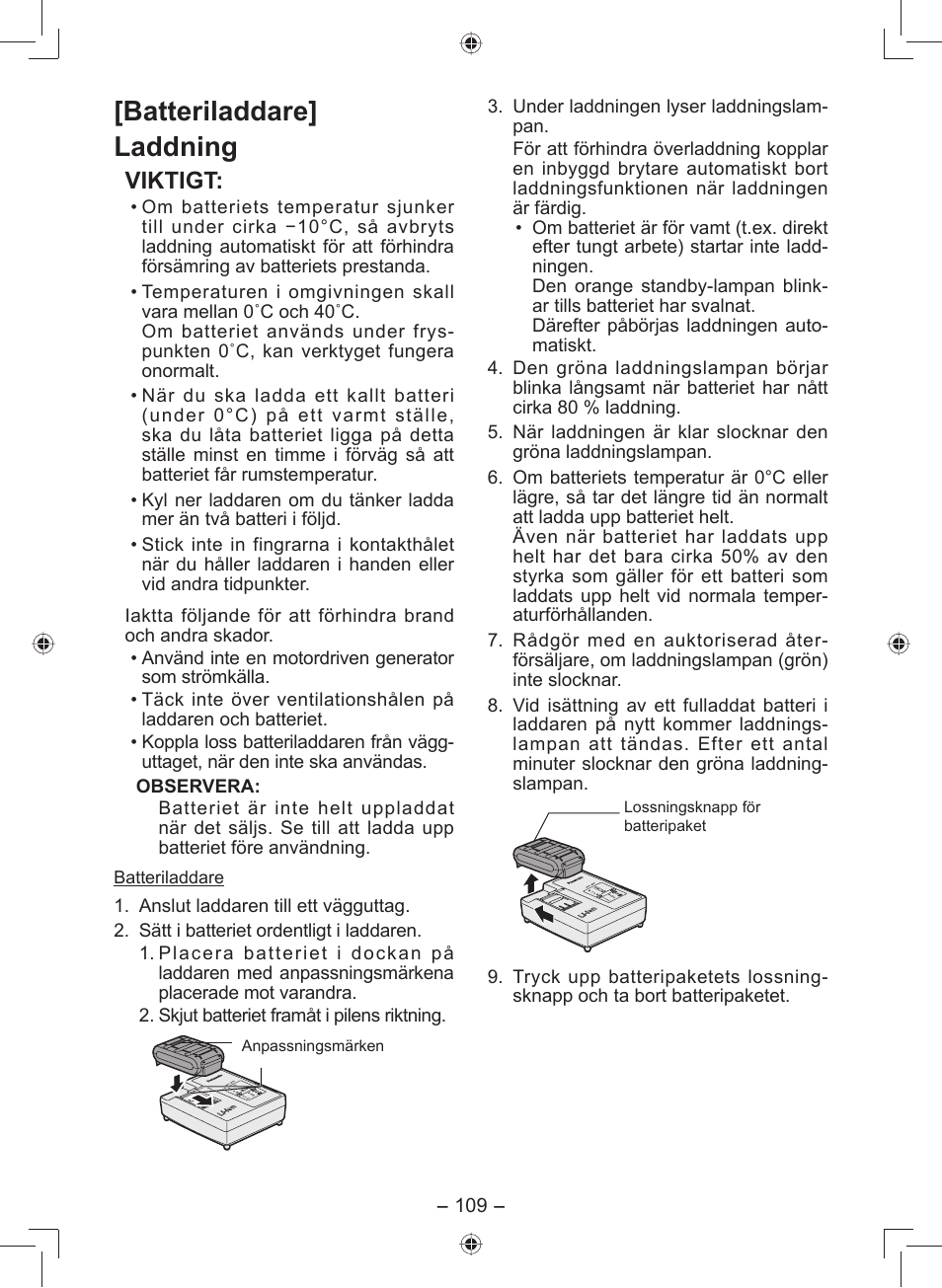 Batteriladdare] laddning, Viktigt | Panasonic EY7549 User Manual | Page 109 / 140